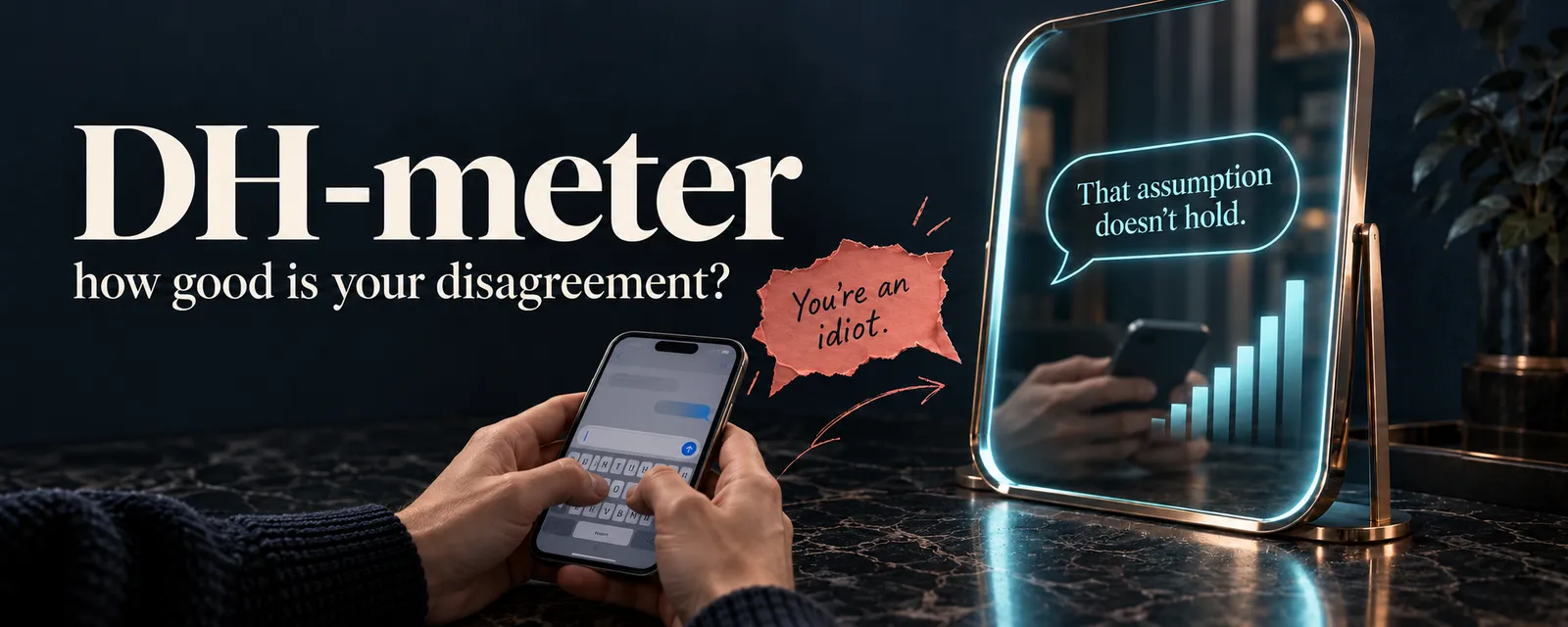 DH Meter banner comparing an insult with a reasoned reply.